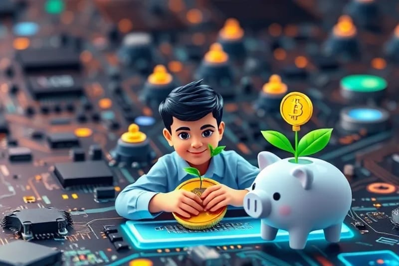 Stylized illustration of a young person interacting with a digital financial interface, surrounded by symbols of growth and sustainability.