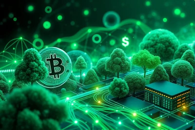 Conceptual 3D render of interconnected digital currency symbols forming a resilient, green financial ecosystem.