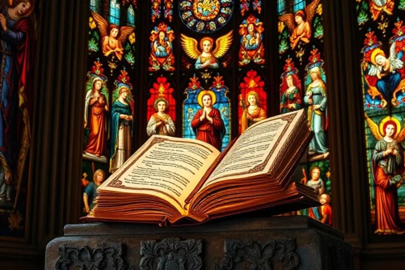 Arte en vidrio: Historias sagradas y luz divina Vitral gótico con figuras celestiales y colores vibrantes