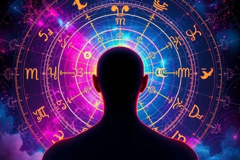 Stylized human silhouette before a vortex of fragmented astrological symbols and planetary glyphs