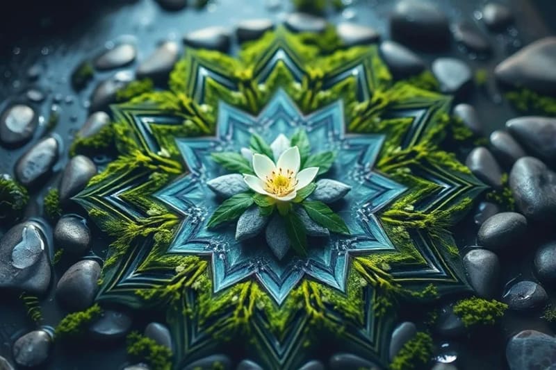 Harmonious arrangement of natural elements like stones, moss, and water droplets