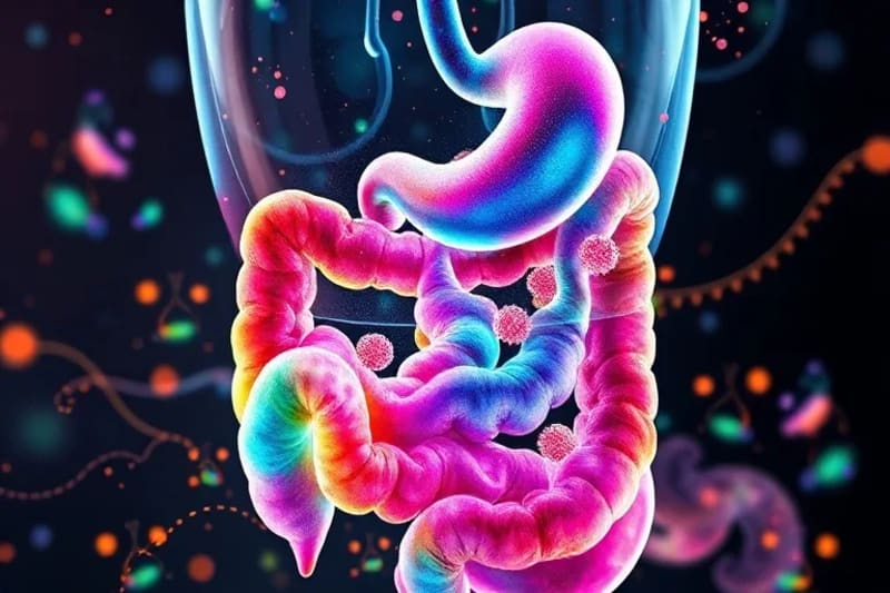 Ilustración acuarela de la flora intestinal y símbolos deportivos