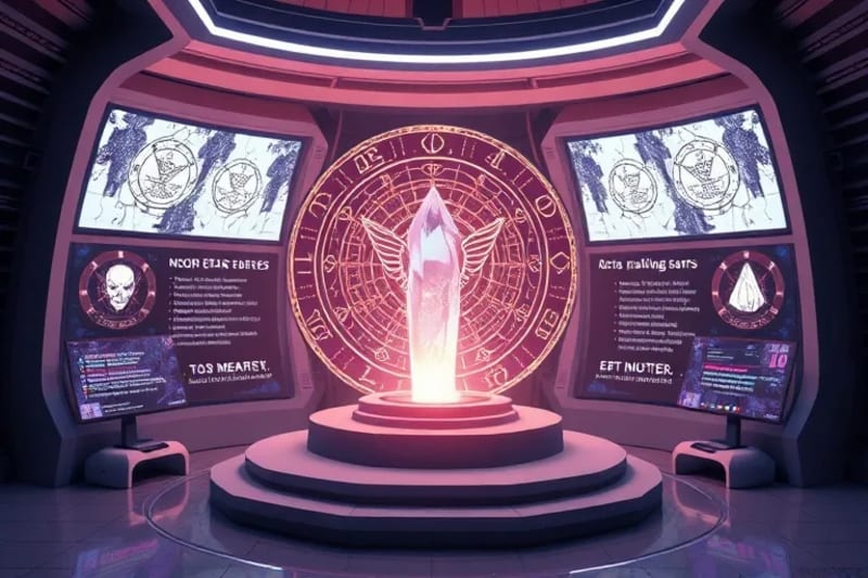 3D render of a futuristic digital altar with a glowing crystal and screens showing spiritual data