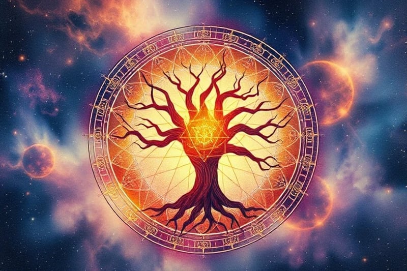 Pintura abstracta en acuarela de las Sefirot y sus caminos energéticos, mezclándose con glifos astrológicos, en un estilo fluido y vibrante que evoca energía cósmica.