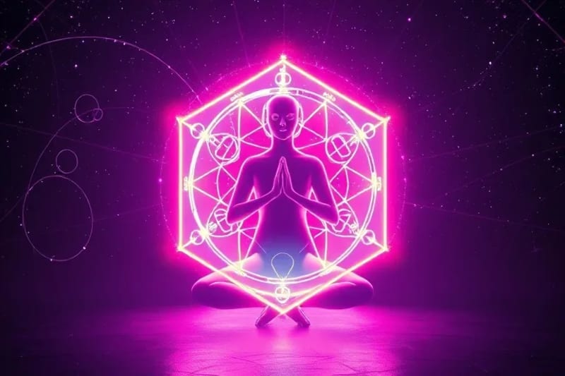 Renderizado 3D de un Cubo de Metatrón brillante y complejo, conectado a una figura humana estilizada en meditación, con símbolos astrológicos sutiles irradiando desde sus centros energéticos.