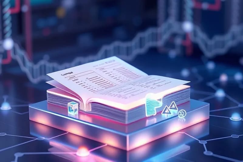 Stylized ledger with symbols of various industries