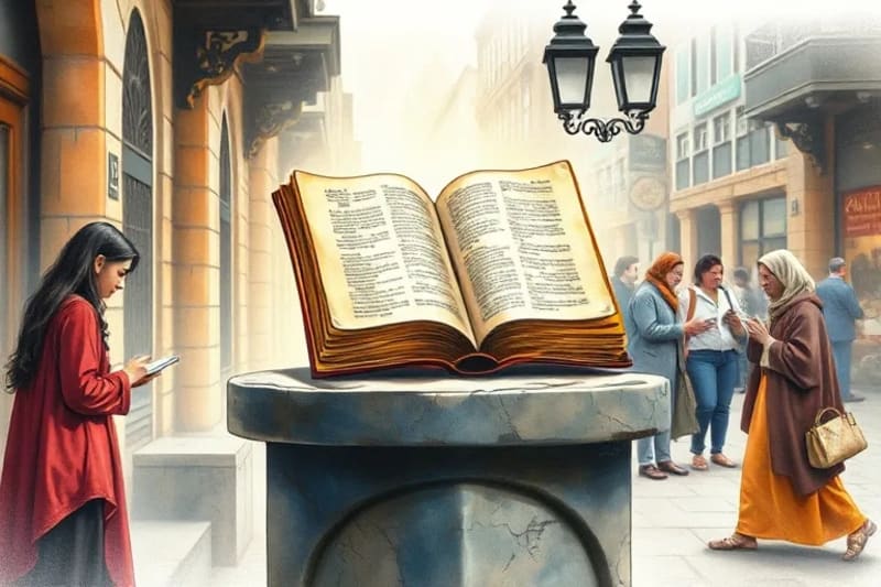 Vignetas de actos de fe cotidianos: rosario, enseñanza, ayuda, lectura, en estilo acuarela.