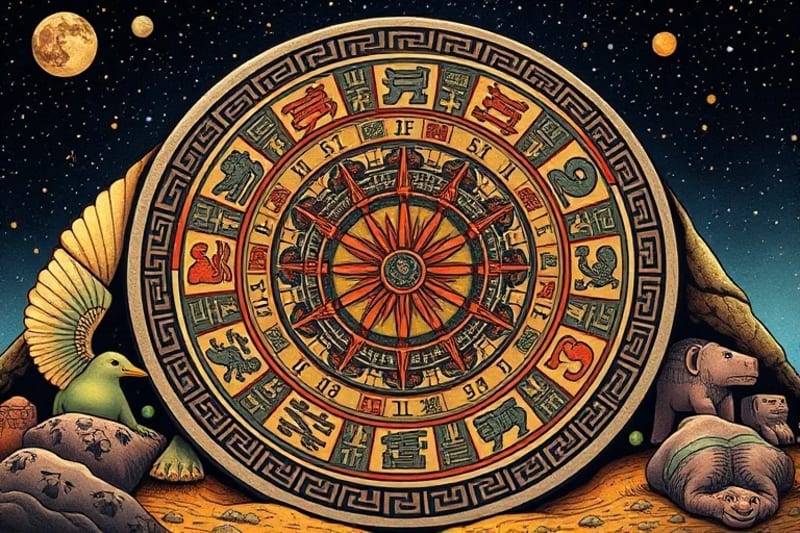 Aztec calendar stone with intricate glyphs and cosmic symbols
