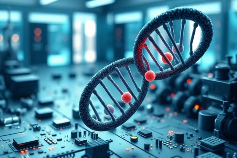 Visualización de datos genómicos y secuencias de ADN entrelazadas con representaciones hormonales