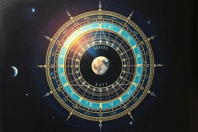3D render of a celestial sphere with planetary paths and calendar wheels