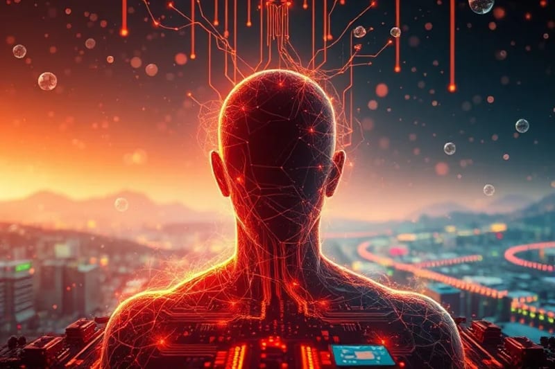 Representación artística de un individuo en un entorno futurista, simbolizando vitalidad y extensión de la vida