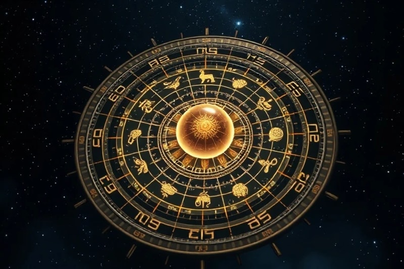Representación conceptual de un antiguo astrolabio con símbolos de eras astrológicas