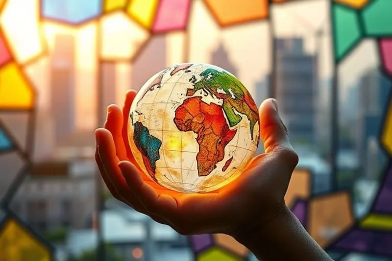 Manos sosteniendo un globo de materiales reciclados