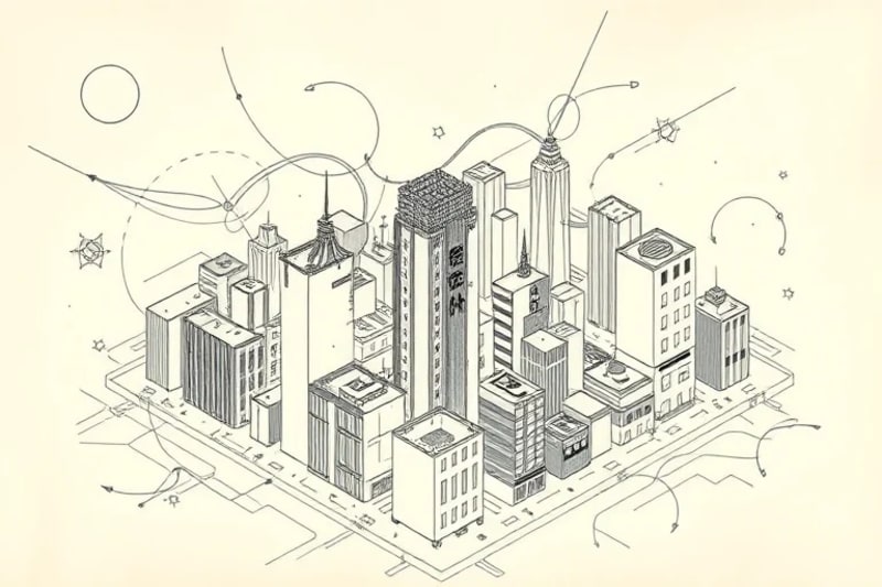 Intricate diagram of urban energy flow with celestial symbols