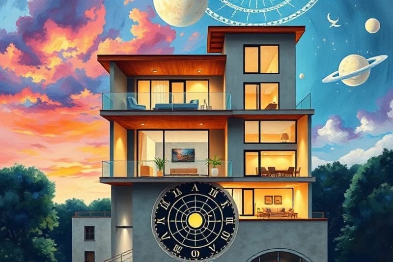 Cross-section of modern apartment building with geomantic interior design