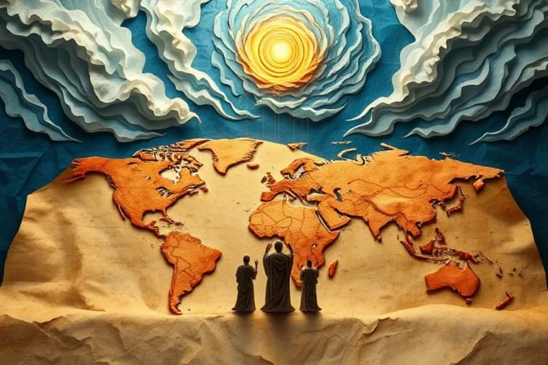 Pintura digital impresionista de pergaminos antiguos desenrollándose sobre un mapa mundial estilizado, con luz mística conectando regiones y figuras simbólicas.