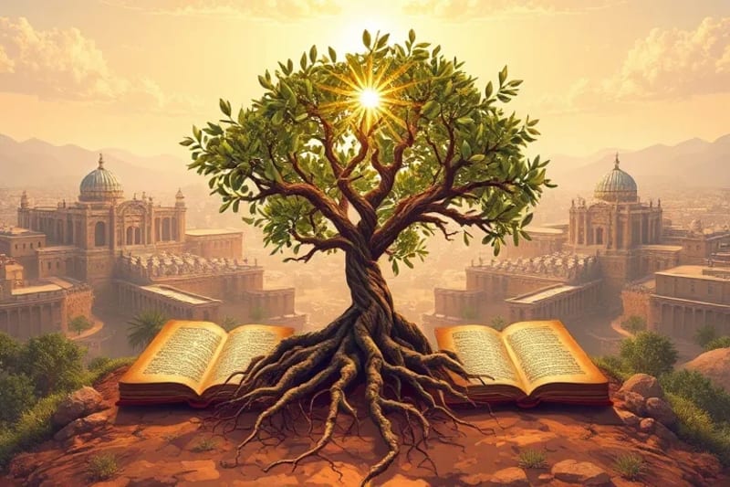 Arte conceptual de un olivo gnarled cuyas raíces se entrelazan con textos antiguos y manuscritos iluminados, bajo una luz divina que desciende.