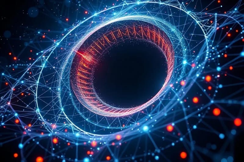 Redes neuronales abstractas analizando datos astronómicos, con ondas gravitacionales y emisiones de rayos X de agujeros negros proyectadas holográficamente.