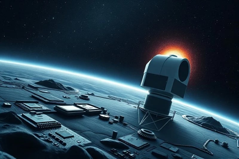 Observatorio futurista en un exoplaneta, con un telescopio apuntando a un agujero negro distante, simbolizando la ambición humana en la exploración espacial.