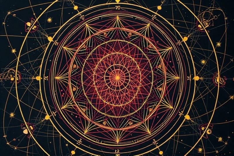 Intricate network of vibrant threads forming complex patterns, symbolizing astrological aspects and harmonic frequencies