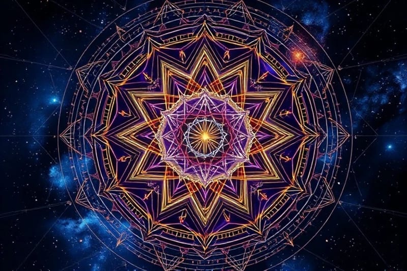 Abstract geometric art representing destiny's blueprint with overlapping translucent layers of sacred geometry and astrological symbols