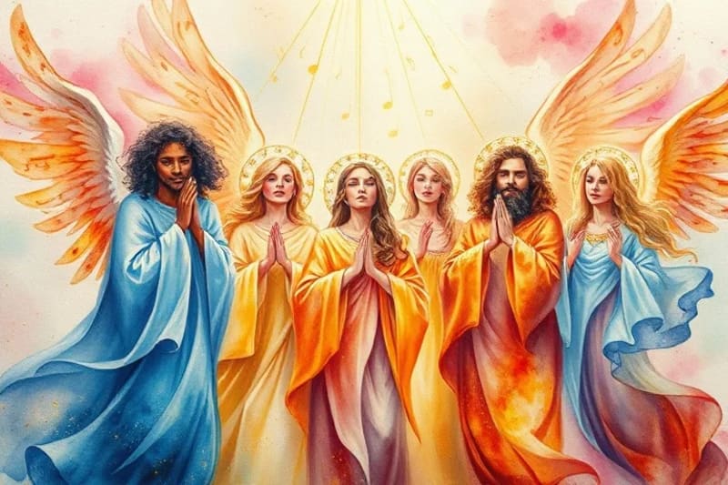 Coro celestial de ángeles cantando con luz divina