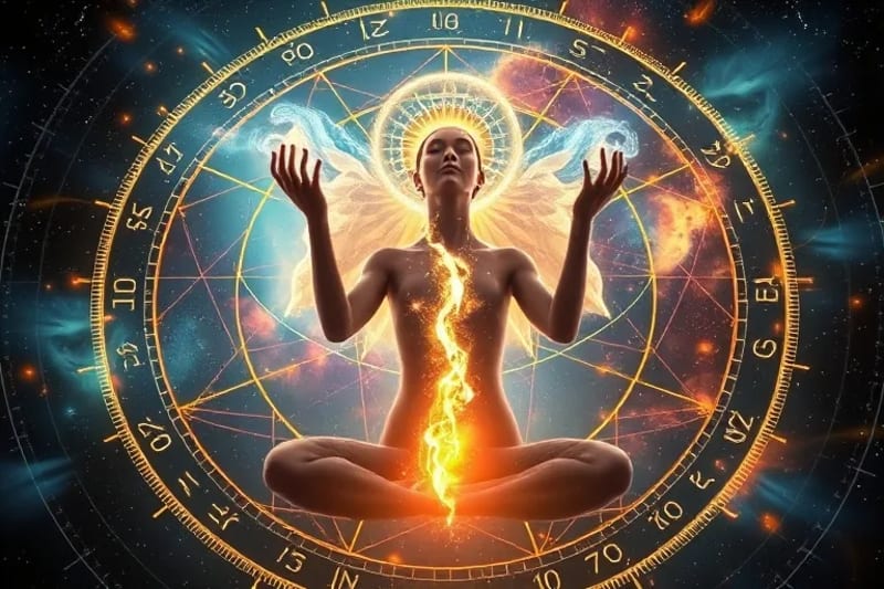 Una persona meditando en un entorno de realidad virtual, rodeada de energía astral y símbolos cósmicos flotantes