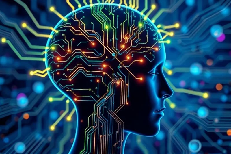 Representación abstracta de la mente humana conectada a un sistema legal digital