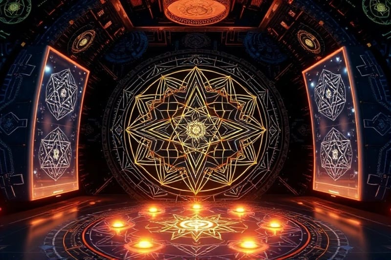 Tranquil virtual meditation space with sacred geometric patterns and AI-generated art