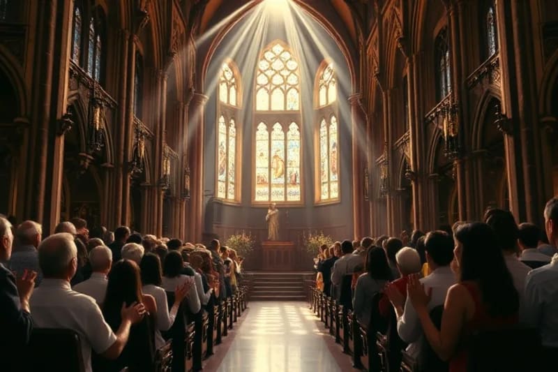 Representación de un coro litúrgico cantando en una iglesia, con la luz divina filtrándose por las ventanas, simbolizando la manifestación del sonido trinitario en la adoración.
