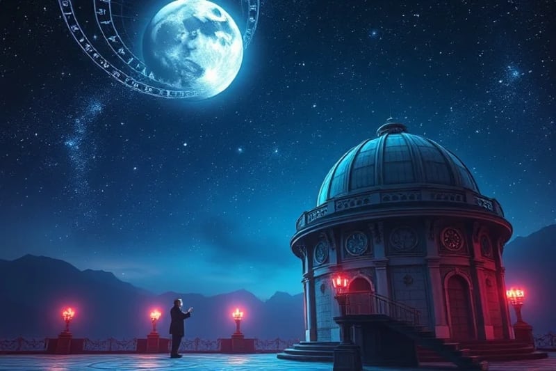 Antiguo observatorio bajo un cielo estrellado con cartas celestes y figuras contemplativas