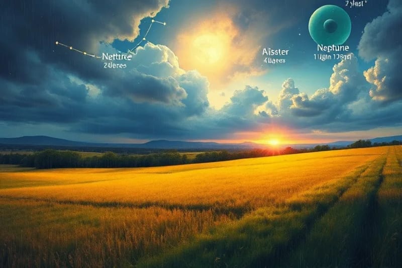 Paisaje con transición de clima soleado a tormentoso, con planetas simbólicos en las nubes
