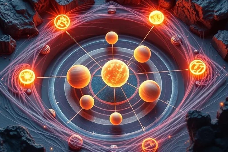 Esferas abstractas interconectadas que representan planetas y aspectos en un vórtice elemental