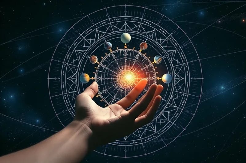 Clockwork mechanism of planetary orbits and human hand reaching for manifestation orb