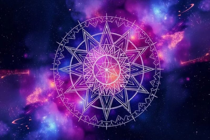 Abstract watercolor of swirling nebulae with planetary symbols for alchemical transformation
