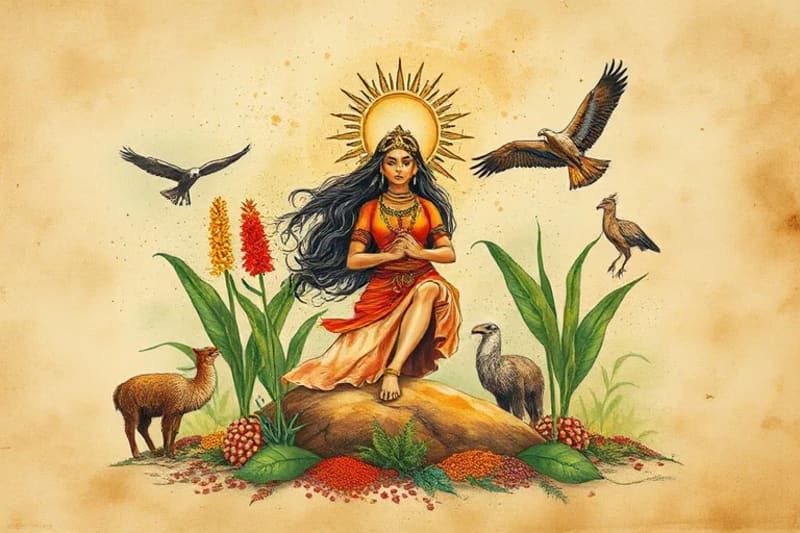 Diosa Pachamama rodeada de flora y fauna andina