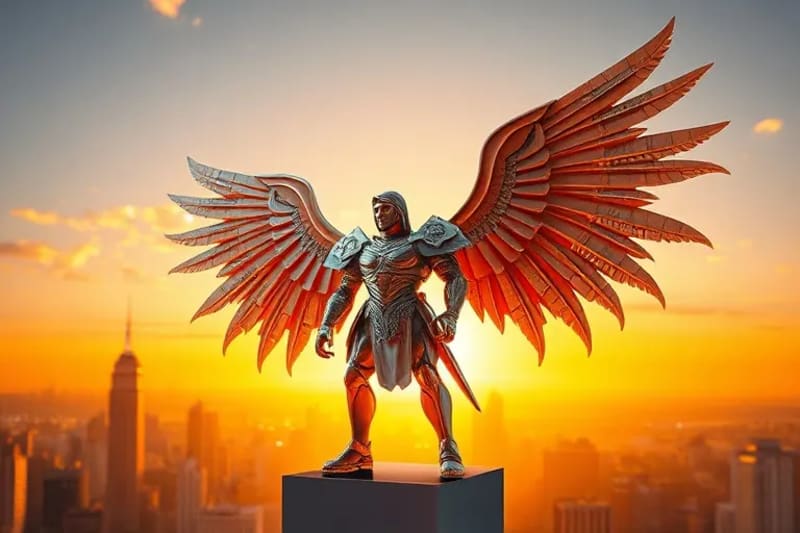 Un arcángel majestuoso con alas y aura radiante, custodiando una ciudad moderna al amanecer. La figura se muestra de espaldas o de lado, enfatizando su presencia divina y postura protectora, sin rostro humano. La luz dorada ilumina la escena, simbolizando esperanza e intervención divina, con detalles intrincados en la armadura y las alas.