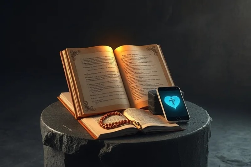 Un bodegón conceptual con pergaminos antiguos, un rosario, una Biblia brillante y un smartphone con distorsiones digitales, simbolizando la fe tradicional y los desafíos espirituales modernos. Los objetos están sobre una superficie oscura, con luz etérea de los elementos sagrados.
