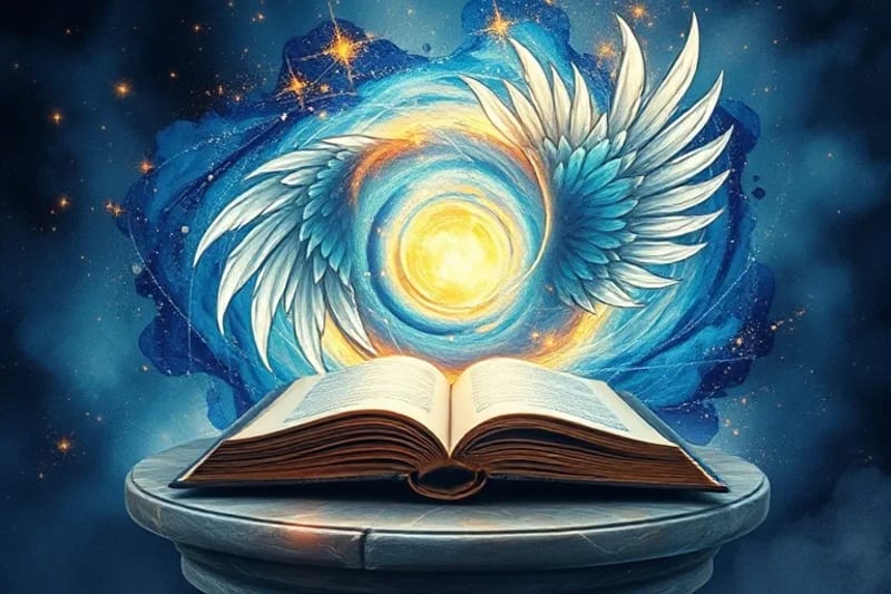 Un vórtice abstracto de energía protectora en tonos azules, plateados y dorados, emanando de un punto luminoso central. Las formas sugieren un escudo o barrera, con patrones sutiles que recuerdan a plumas angelicales. Sin figuras, puramente simbólico de la protección divina y la energía espiritual.