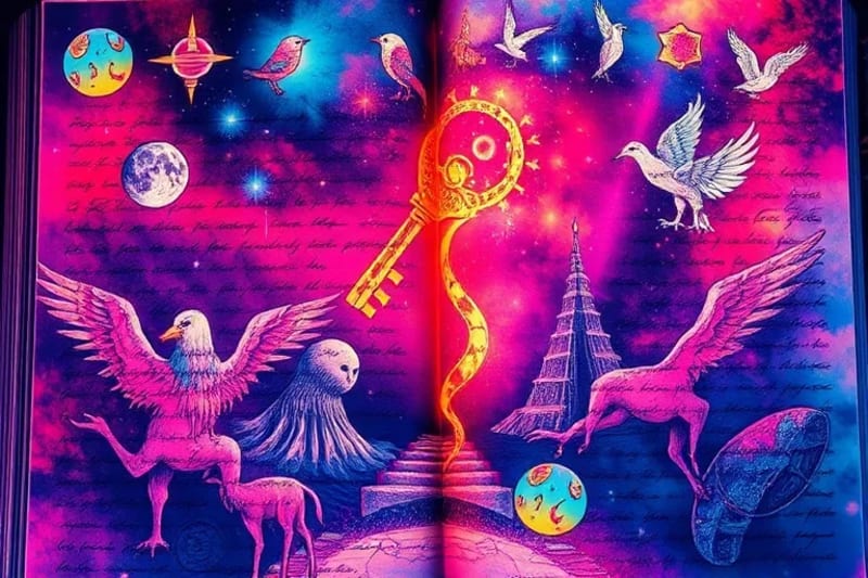 Vibrant digital painting of an open dream journal with intricate illustrations of keys, ladders, winding paths, and birds, alongside handwritten notes.