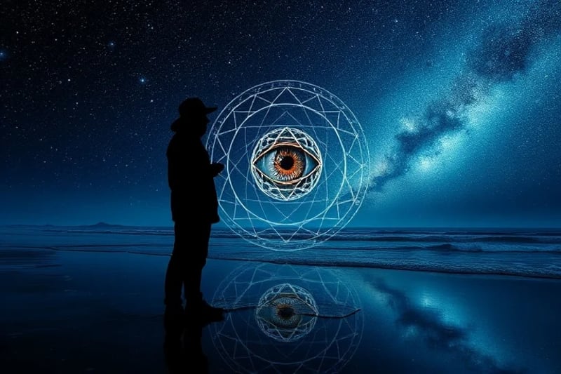 Surreal art depicting a human silhouette at the edge of an ocean under a starry sky, reflecting a cosmic eye, with esoteric symbols emerging from the water.
