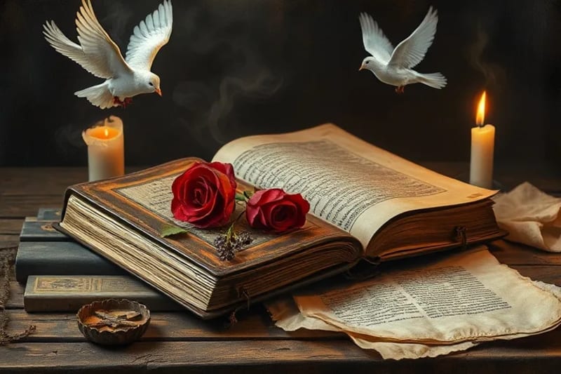 Libro antiguo con rosa seca y pergamino, iluminado por una vela