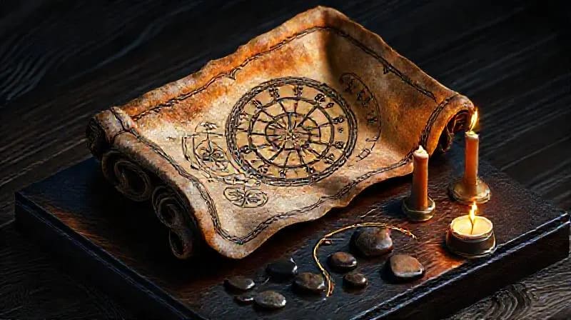 Ancient scroll with astrological symbols and glowing thread