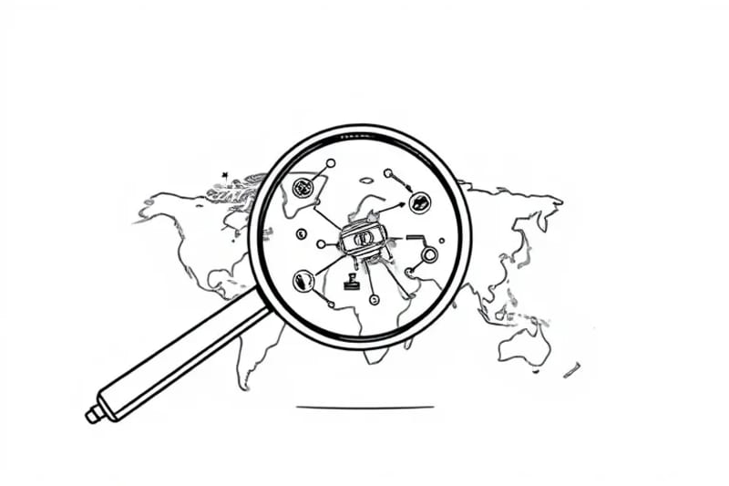 Ilustración vectorial de una lupa examinando un mapa fragmentado y brillante de internet, con símbolos abstractos de fallos que representan anomalías digitales ocultas.