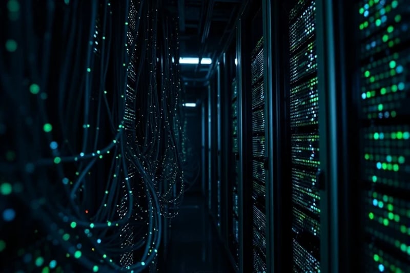 Render 3D de una red enredada de cables de fibra óptica y bastidores de servidores, con ojos digitales sutiles asomando desde las sombras, evocando misterio y vida oculta.
