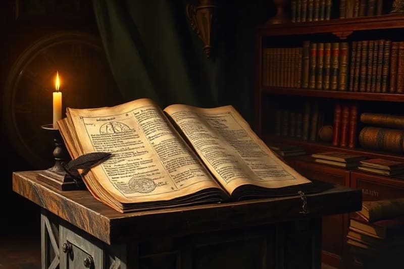 Antiguos pergaminos con escritura críptica y cartas astrológicas sobre un escritorio de madera a la luz de una vela.