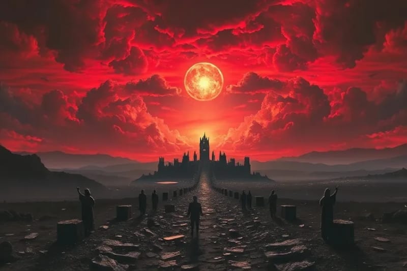 Paisaje desolado bajo un cielo tormentoso y rojo, con una ciudad en ruinas y símbolos apocalípticos.