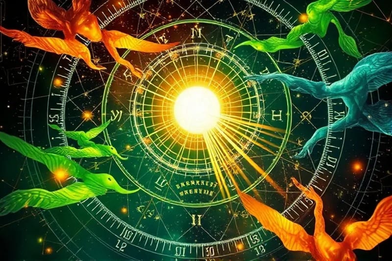 Pintura digital de líneas energéticas y formas geométricas convergiendo en una esfera brillante, con figuras etéreas de fondo
