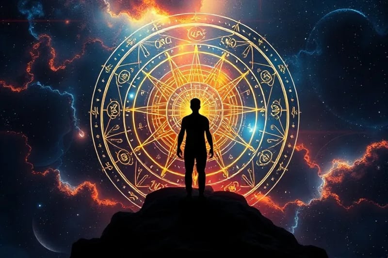 Human silhouette at crossroads with astrological symbols, representing life choices