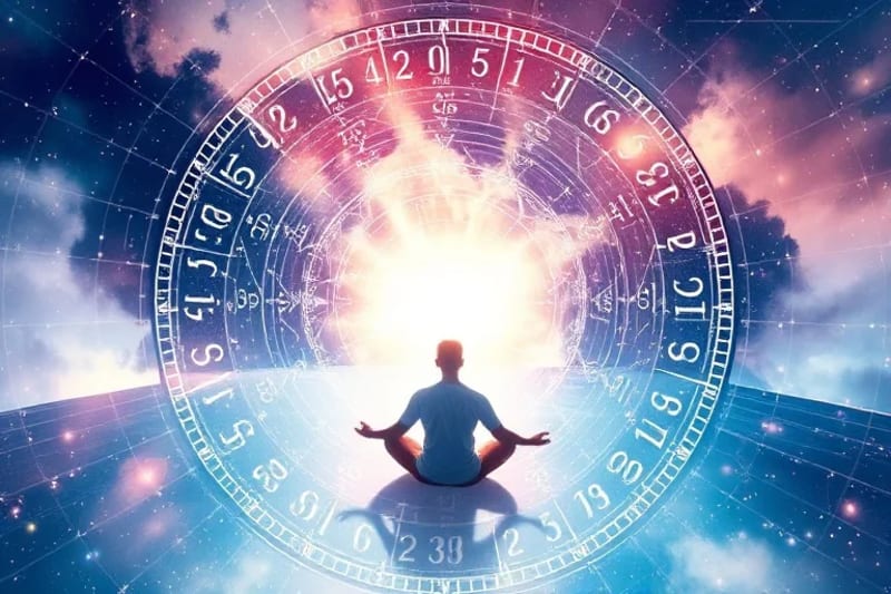 Acuarela de figura meditando rodeada de números y símbolos pastel, con luz interna